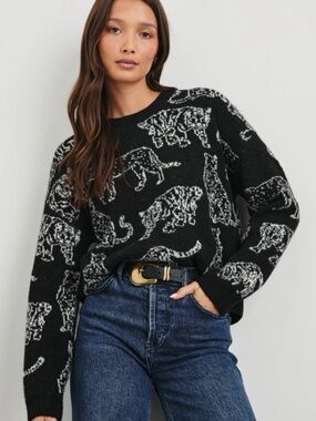 Faith & Zoe Black Sweater with Cream Leopard Jacquard